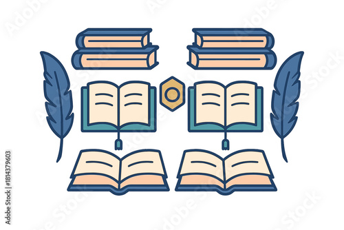 Icons of stacked books, open textbooks, and traditional writing quills symbolizing learning and literature
