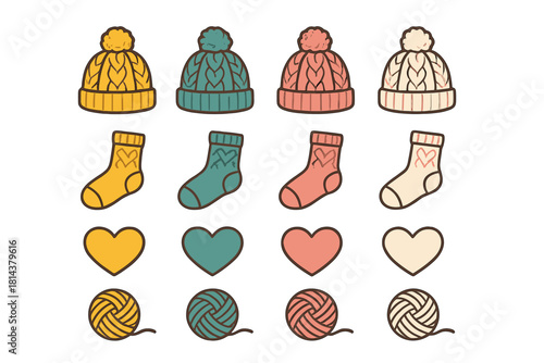 Cozy winter knitting items including warm hats socks hearts and yarn balls