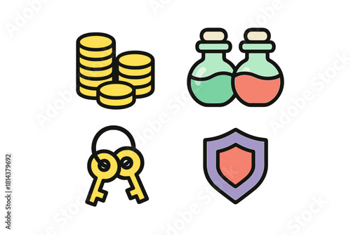 Stacked gold coins magic potions vintage keys and protective shield fantasy game elements