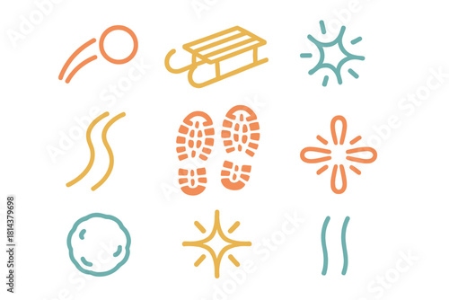 Minimalist line symbols representing winter activities like sledding footprints and snow tracks