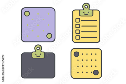 Four stylized icons featuring clipboards, checklists, and memo pads for business organization
