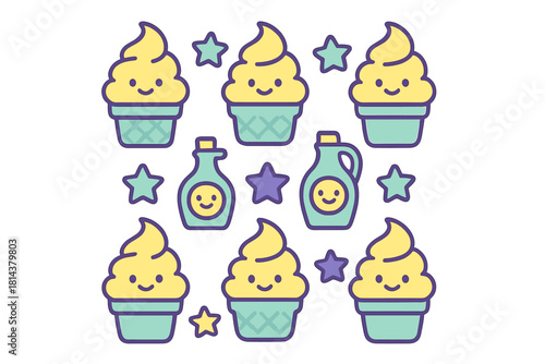 Cute smiling ice cream cones and syrup bottles sticker set in pastel colors