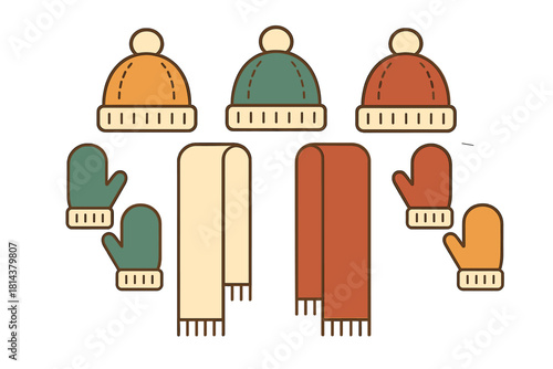 Cozy winter accessories set including knit hats, long scarves, and warm mittens