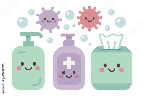 Cute cartoon hygiene products set with happy smiling germs and bacteria characters
