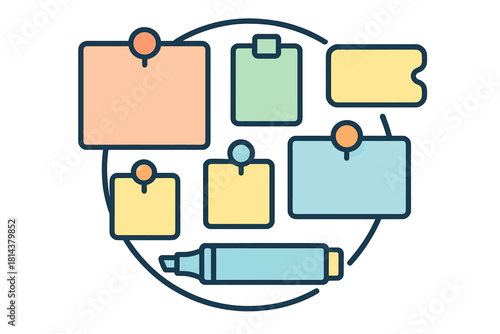 Colorful sticky notes pinned to a board with thumbtacks and a marker pen, symbolizing organization and planning