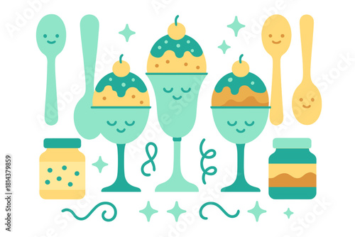 Cute pastel dessert set with whimsical ice cream sundaes, cheerful spoons, and decorative jars