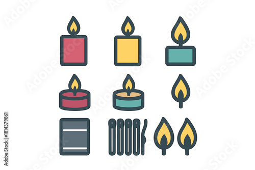 Collection of colorful burning candles, tea lights, matchbox, matches, and flame