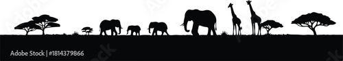 African savanna wildlife panorama silhouette featuring elephants, giraffes, and acacia trees horizon vector art