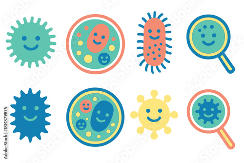 Cute colorful smiling microorganisms set including bacteria viruses and protozoa