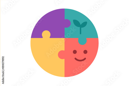 Four colorful puzzle pieces forming a circle with icons for growth and positive emotion