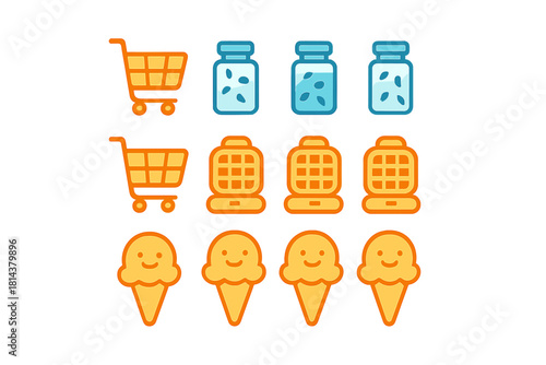 Colorful collection of shopping, food, and kitchen appliances in simple flat design