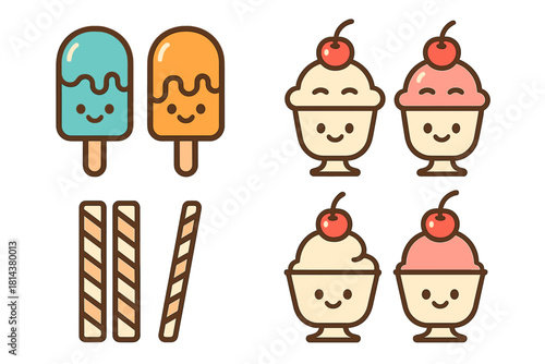 Set of cute smiling frozen desserts including popsicles, ice cream sundaes, cherries, and wafer sticks