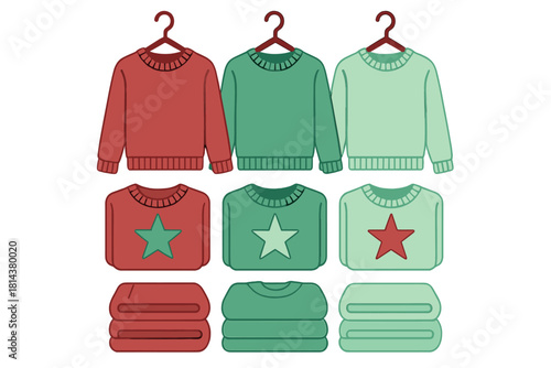 Collection of holiday sweaters hanging and folded in red and green colors with star patterns