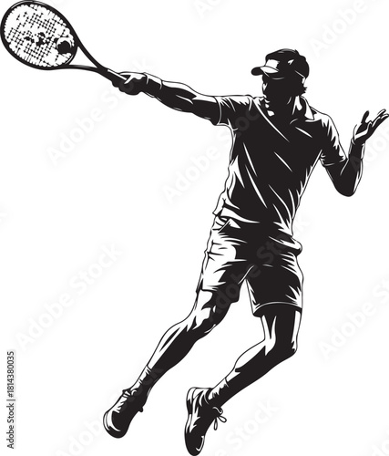 Tennis player hitting ball with racket, dynamic motion, vector silhouette illustration of athletic man playing sport.