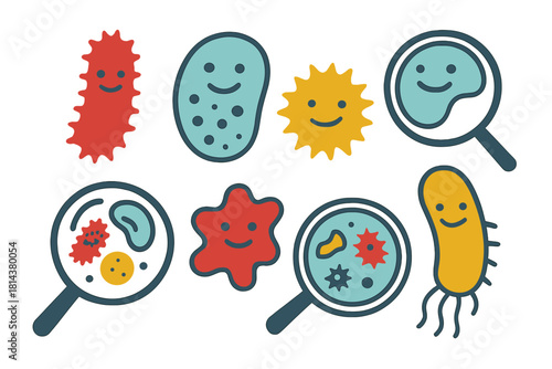 Colorful cartoon microbes and bacteria characters with magnifying glass symbols