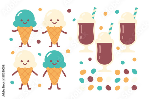 Smiling ice cream cones and sweet chocolate milkshakes with whipped cream