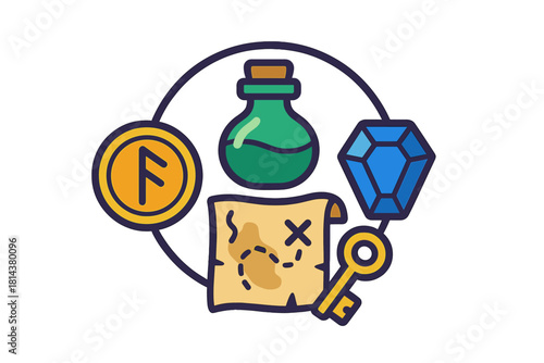 Collection of essential fantasy items: treasure map, healing potion, valuable gem, golden key, and ancient coin
