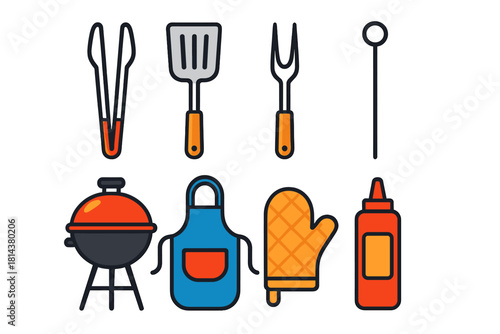 Vibrant collection of essential barbecue grilling tools and cooking utensils accessories
