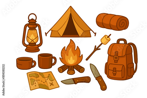 Essential equipment for camping and hiking including tent, backpack, campfire, and lantern