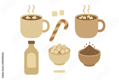 Cozy winter drink set featuring hot cocoa mugs marshmallows candy cane and powder ingredients