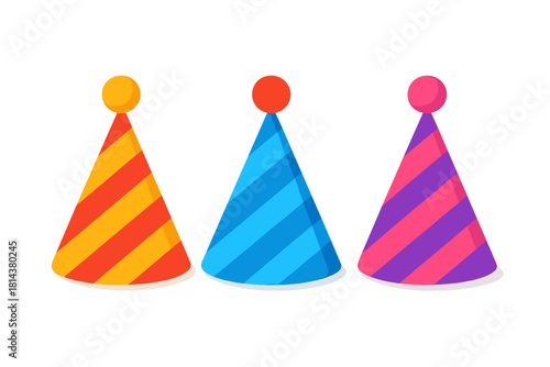 Colorful striped conical party hats set against a white background