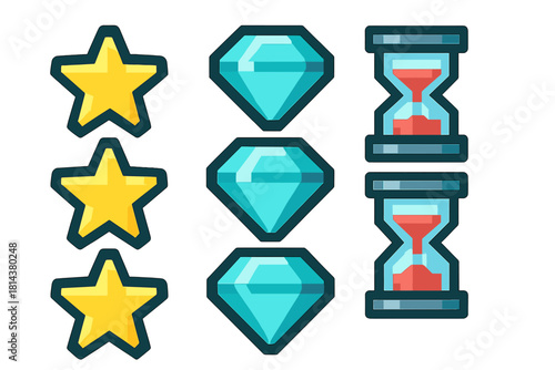 Set of nine stylized icons featuring yellow stars, blue diamonds, and hourglasses for game interface