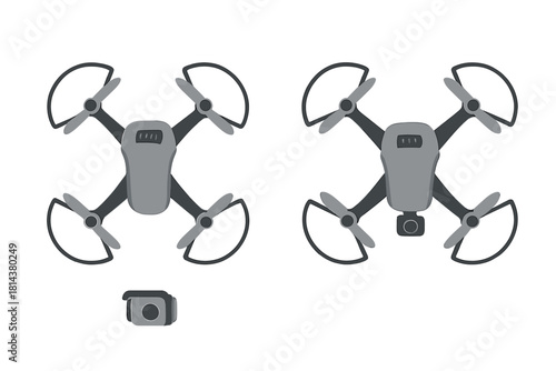 Two gray and black quadcopter drones with protective propeller guards and detachable camera