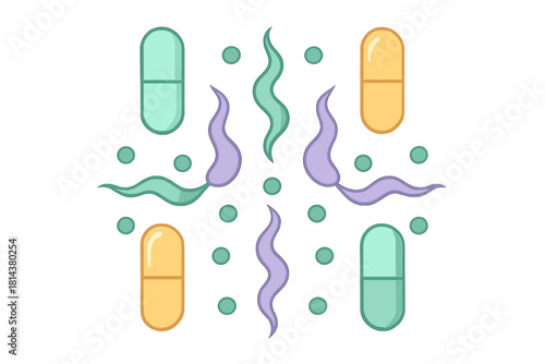Colorful medical capsules and abstract microscopic organisms representing gut flora and healthy digestion