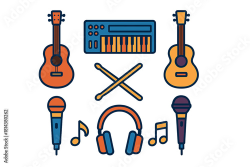 Colorful flat design set of musical instruments and audio equipment including guitars, synthesizer, and microphones