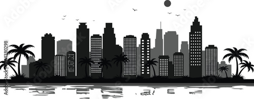 Tropical coastal city skyline silhouette with reflective water, palm trees framing urban high-rises, birds and sun, layered monochrome vector illustration