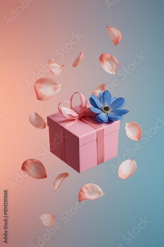 Pink Gift Box With Ribbon Surrounded by Heart Shapes on a Light Backdrop for ...