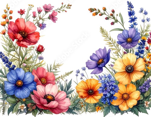 Watercolor Floral Frame with Vibrant Blooms and Lush Greenery on White Background