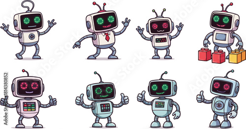 Cartoon Robot Characters with Funny Faces – Cute Robots Waving, Smiling, Playing with Blocks Vector for Kids, Education, Technology Design