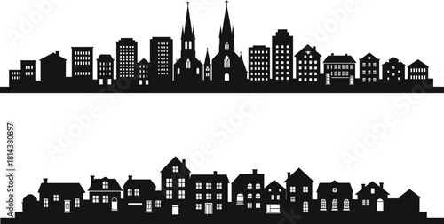 Urban and suburban skyline contrast, dense metropolitan skyline with churches and high-rises, quiet residential neighborhood with pitched roofs and chimneys, vector silhouette illustration