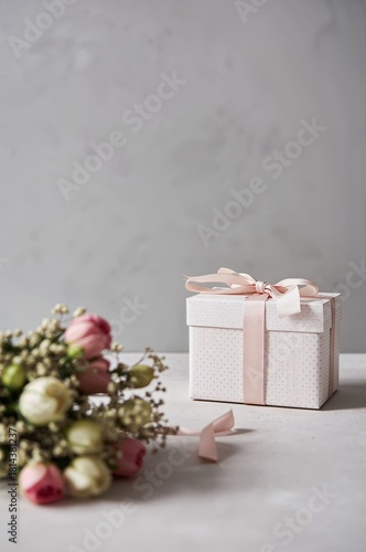 Beautiful Gift Box With Pink Ribbon Placed Beside a Floral Arrangement on a R...