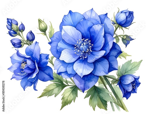 Watercolor illustration of elegant blue flowers with delicate petals and buds