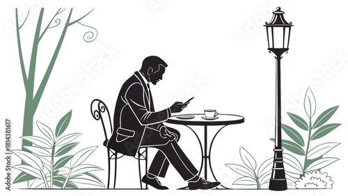 Silhouette of a man in a suit using a phone at a table with a lamp post and plants around him