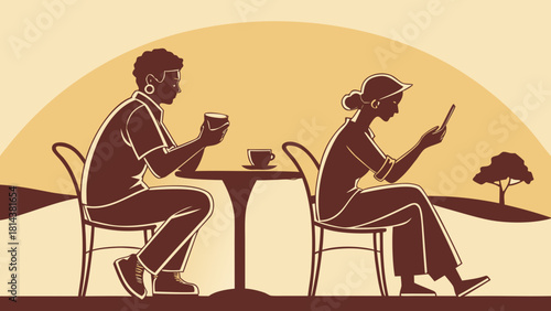 Two people sitting at a table outside one holding a cup and the other holding a phone in a cafe scene