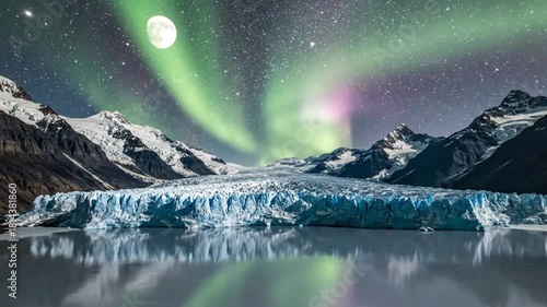 Majestic glacier reflecting in calm water under vibrant aurora borealis and starry night sky.