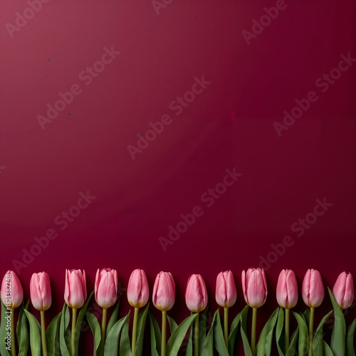 Beautiful Pink Tulips Arranged on a Rich Red Background for a Stunning Decora...