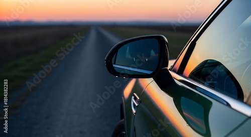 夕暮れの道 車のサイドミラーの風景