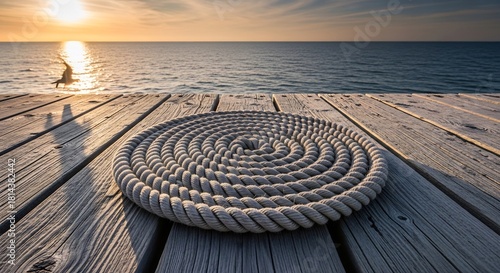 海岸のロープ 朝焼けの桟橋 静かな風景
