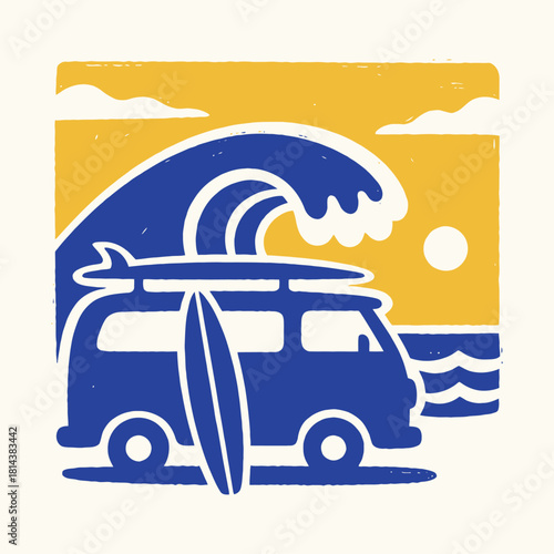 Retro Surf Van Life Graphic - Big Wave Adventure Art
