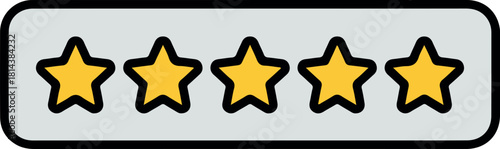 Five-star rating icon with yellow stars and black outlines on a gray background.