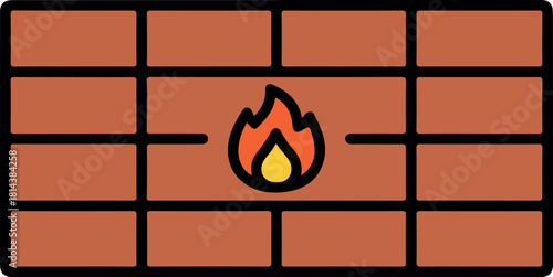 Illustration of a brick wall with a flame in the center.