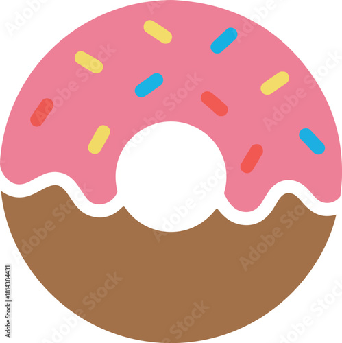 A donut with pink frosting and colorful sprinkles, half dipped in brown.