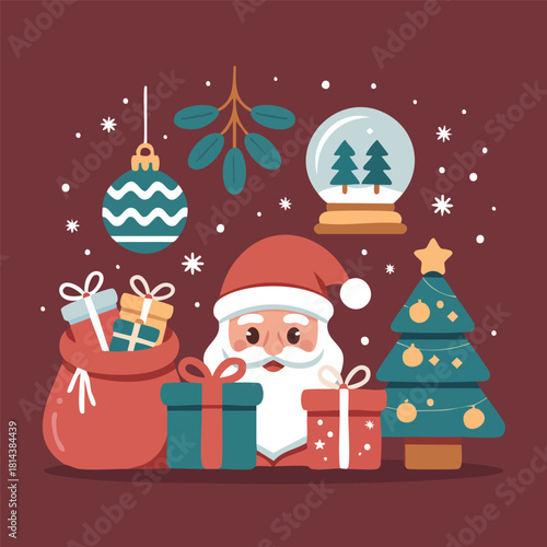 Festive Christmas Celebration with Santa, Gifts, and Decorated Tree - Holiday Illustration