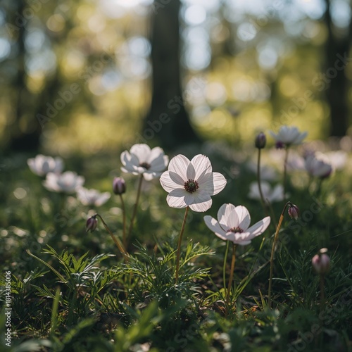 Pink Flowers Bloom in a Sunlit Forest During Spring