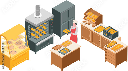 Isometric bakery interior illustration with baker preparing fresh bread, commercial oven, display shelves, baked goods production area, professional kitchen workspace