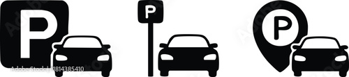 Parking Icon Set: A collection of parking icons in various styles, showcasing the symbol with car silhouette, ideal for navigation, direction, and city planning.